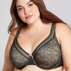 CACIQUE Bra Size 44D Modern Lace Lightly Lined Balconette Black Curvy Plus Sexy